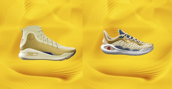 Side view of Stephen Curry's gold and white Under Armour sneakers.